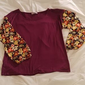 Maroon top with floral balloon sleeves